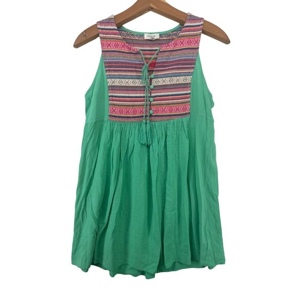 Umgee Women Top Sz S Green Sleeveless Tunic Tasseled Boho Stripes Peasant Hippie - Picture 1 of 7